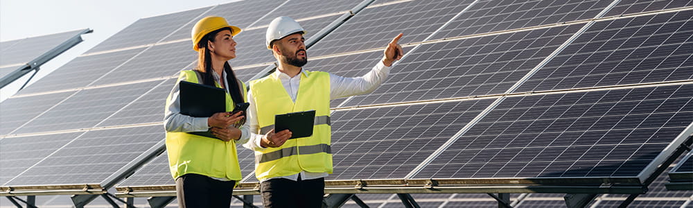 Zwei Solaringenieure stehen gemeinsam an einer Photovoltaikanlage. Zwei Solaringenieure stehen gemeinsam an einer Photovoltaikanlage.